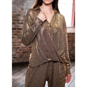 CHLOÉ KRISTYN METALLIC GOLD DOMINIQUE BUTTON DOWN WRAP TOP